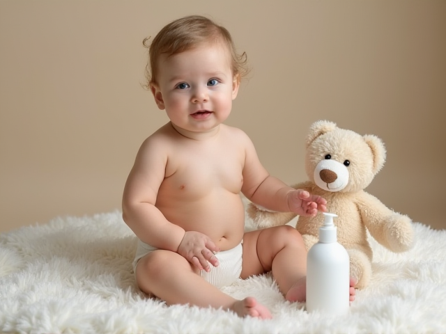 A baby sitting on a soft blanket with a bottle of baby powder and a teddy bear