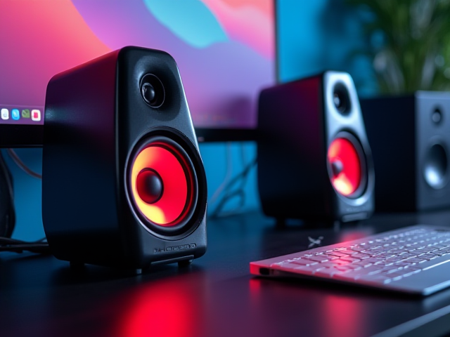 A stylish and modern computer speaker set designed for gaming and music, placed on a desk with a laptop.