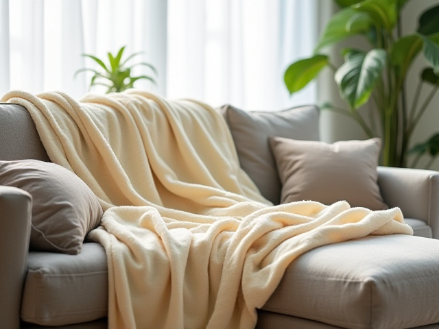 Description of a cozy, breathable gauze blanket in a calm living room setting.