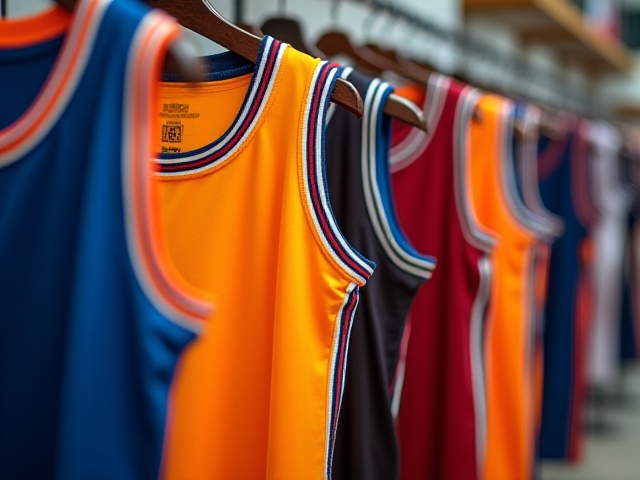 A variety of basketball jerseys in different colors and styles hanging on a rack, showcasing athletic designs and comfortable materials.