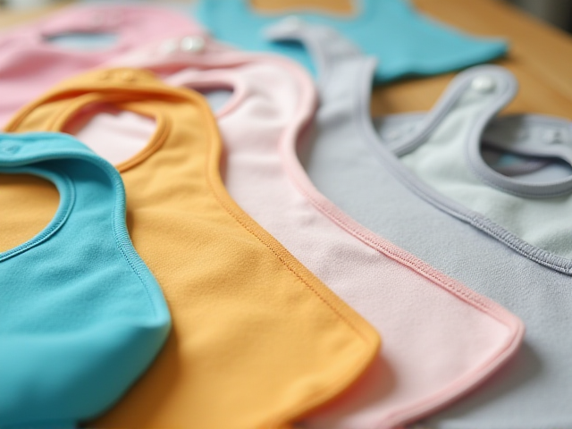 A variety of bibs displayed on a table, showcasing different colors and materials for babies