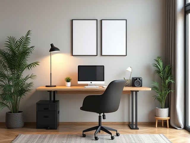 A spacious and ergonomic desk in a modern home office setting, equipped with a comfortable chair and stylish decor