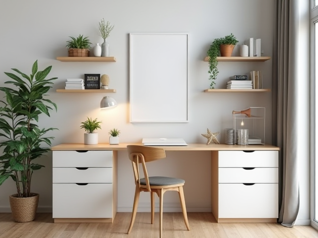 A well-organized desk with drawers and shelves, showcasing a minimalist and efficient workspace