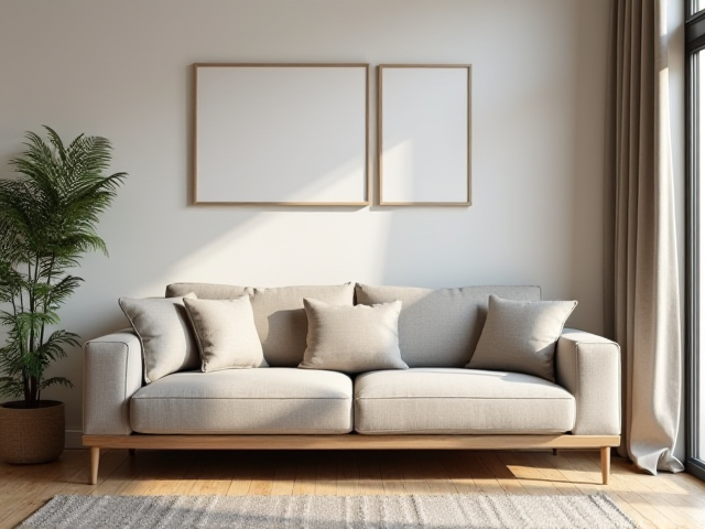 A cozy living room featuring a modern 4-seater sofa in a neutral color.