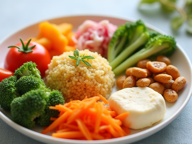 A colorful assortment of baby-friendly side dishes like steamed vegetables, soft tofu, and rice cakes arranged attractively on a plate, showcasing variety and nutrition for young children.