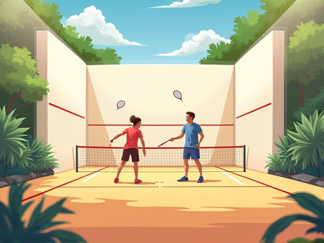 Illustration of a squash court with players in action and a bright, engaging environment
