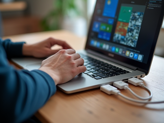 A person working on a laptop with multiple USB devices connected via a USB hub