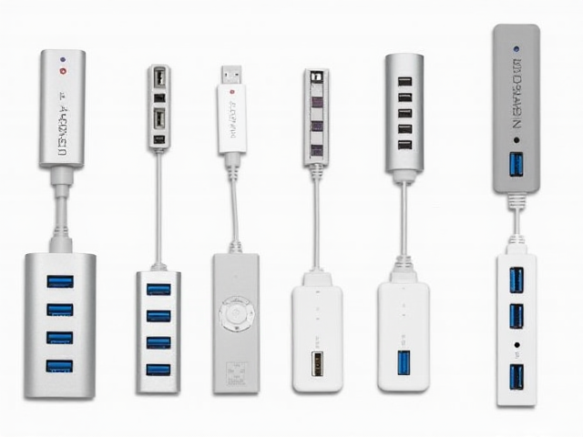 Different types of USB hubs with various ports and designs