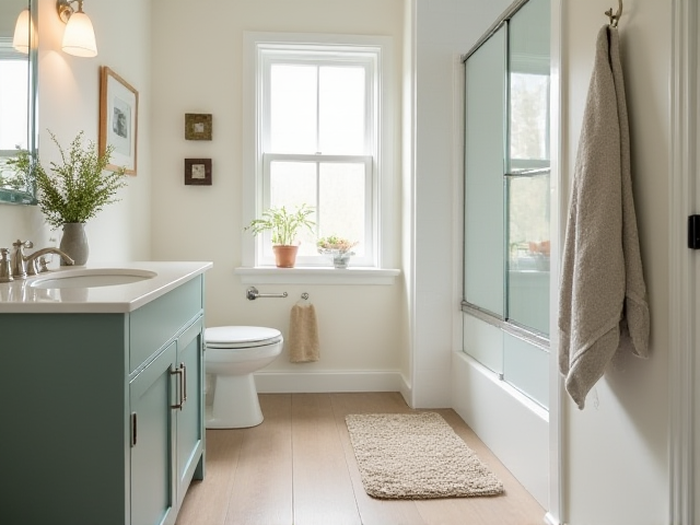 A cozy bathroom with a light color scheme featuring a wash-friendly, non-slip diatomaceous earth mat.