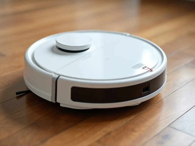 A clean and modern battery for a robot vacuum cleaner placed next to a vacuum cleaner on a wooden floor