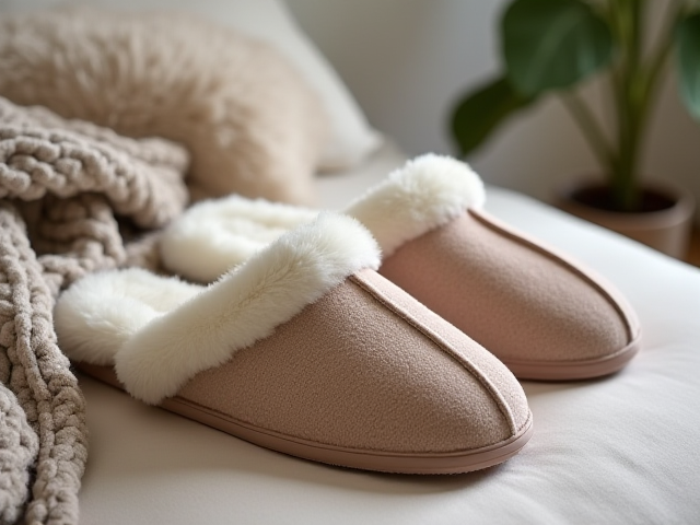 A cozy and stylish pair of house slippers in soft fabric, perfect for indoor wear