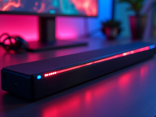 A sleek and modern audio soundbar designed for gaming and multimedia use, showcasing vibrant LED lights and a stylish design