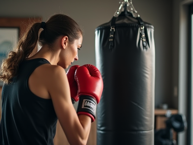 A person practicing boxing with a heavy bag in a home gym setting, showcasing good form and concentration.