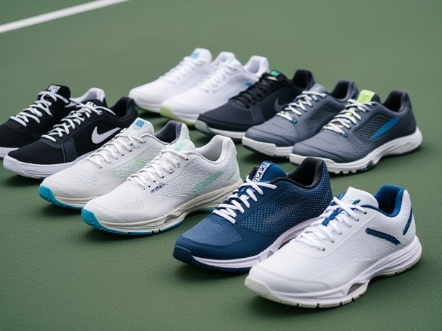 A variety of men's tennis shoes displayed on a court with different colors and designs, showcasing the styles suitable for different types of surfaces.