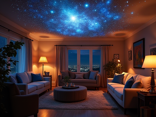 A cozy living room with a planetarium projector illuminating stars on the ceiling, creating a galaxy effect