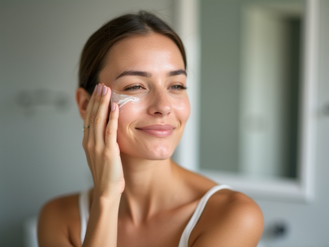 A woman applying a moisturizing cream on her face in a bathroom