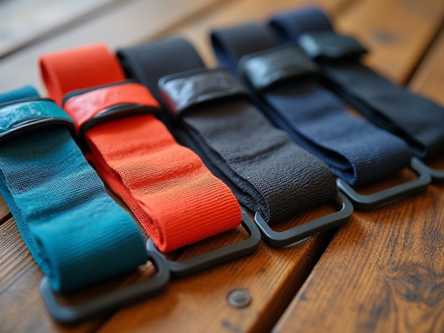 A variety of running belts displayed on a wooden surface, showcasing different styles and colors for active individuals