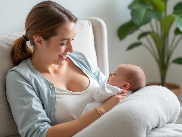 A comfortable nursing cushion designed for mothers, showing ergonomic support for the baby and ease for the nursing mother