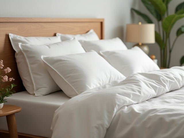 A cozy bedroom with an allergen-free pillow in focus, showcasing a healthy sleeping environment