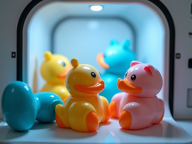 A variety of children's toys placed in a sterilizer machine. The sterilizer is a compact, modern device that emits UV light for sanitation.