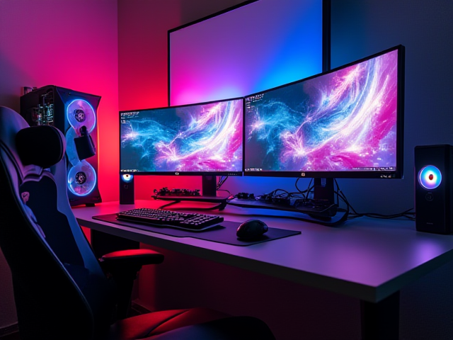 A powerful gaming computer setup with multiple monitors and RGB lighting