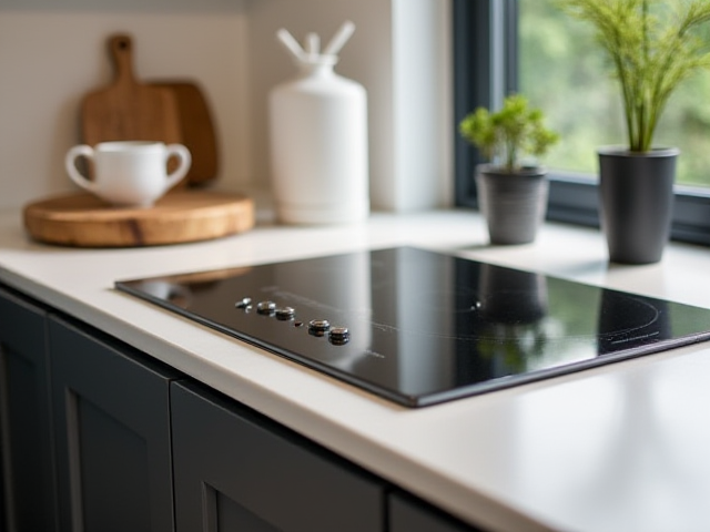 A modern induction cooktop in a stylish kitchen, showcasing sleek controls and a glass surface