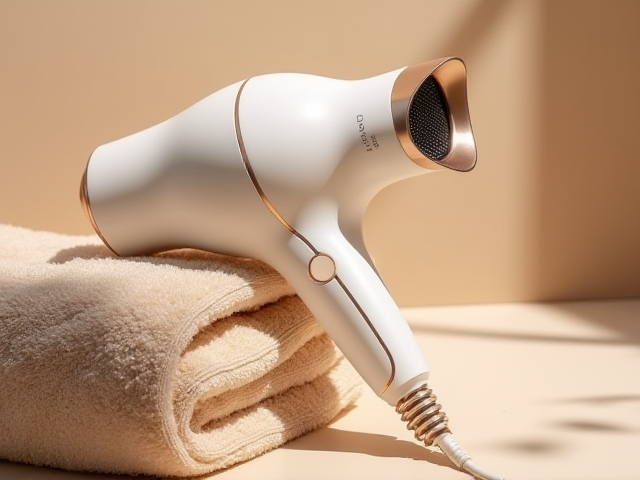 A compact and stylish portable hair dryer in a chic design, displayed on a beige towel with soft natural lighting