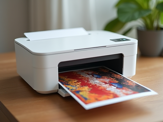 A compact photo printer printing a vibrant photo on glossy paper