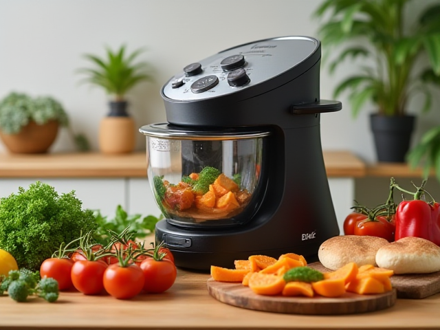 A stylish and modern cooking appliance, ideal for busy individuals wishing to prepare healthy meals quickly, showing various colorful ingredients around it