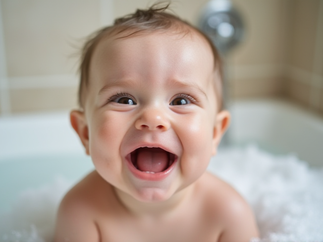 A happy baby with soft skin enjoying bath time